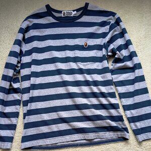 BAPE Navy Gray Striped Long Sleeve Tee  Tshirt Pocket Logo L